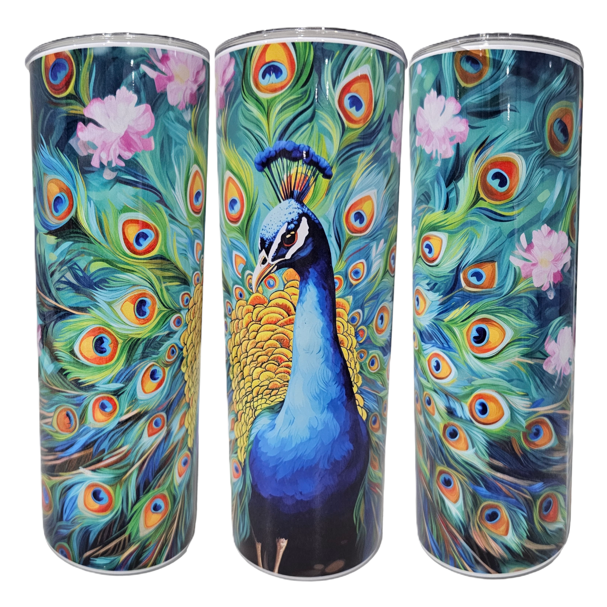 Sublimated Blue Peacock Print on Tall Drinking Bottle