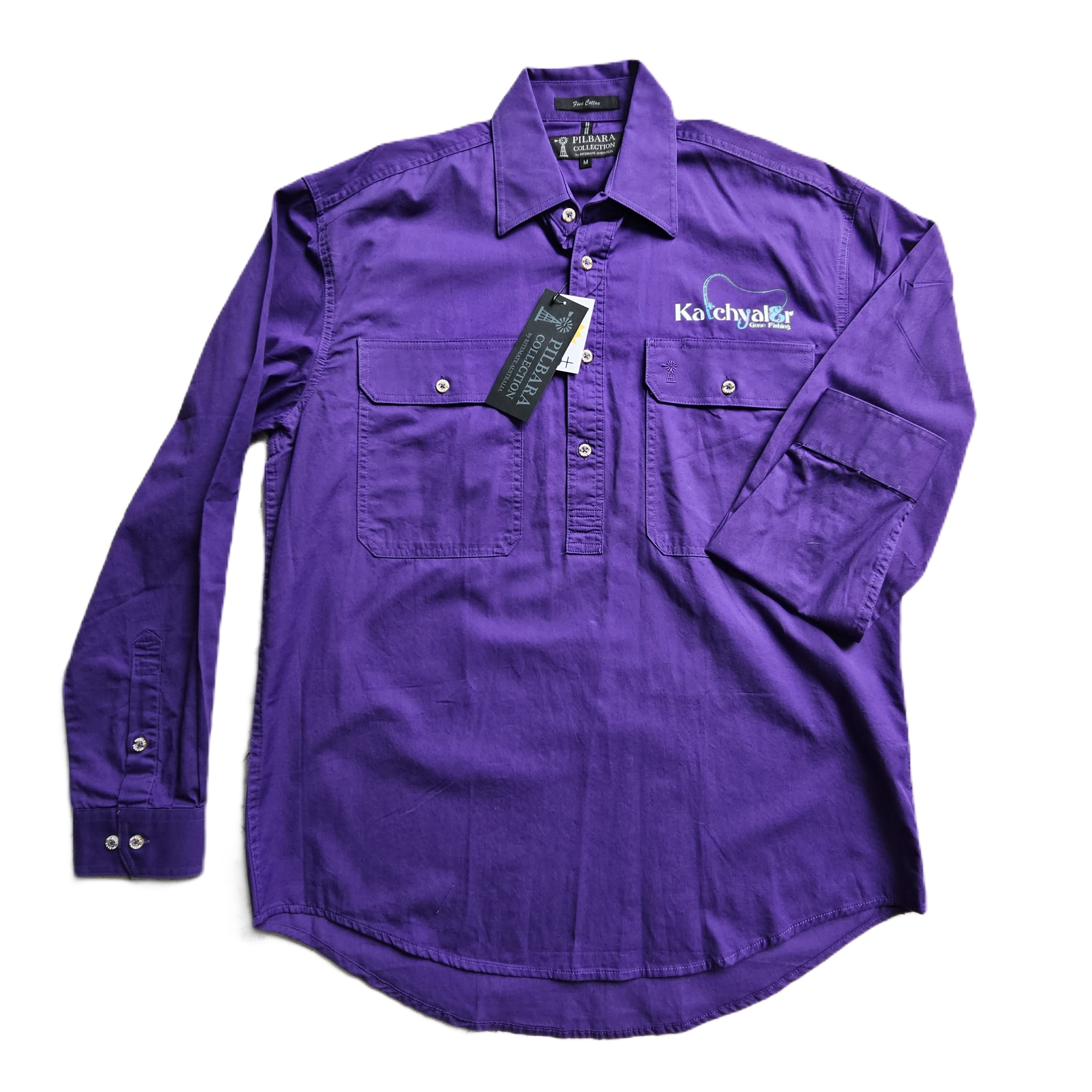 Mens Purple Pilbara Long Sleeve 3/4 Closed Front Shirt