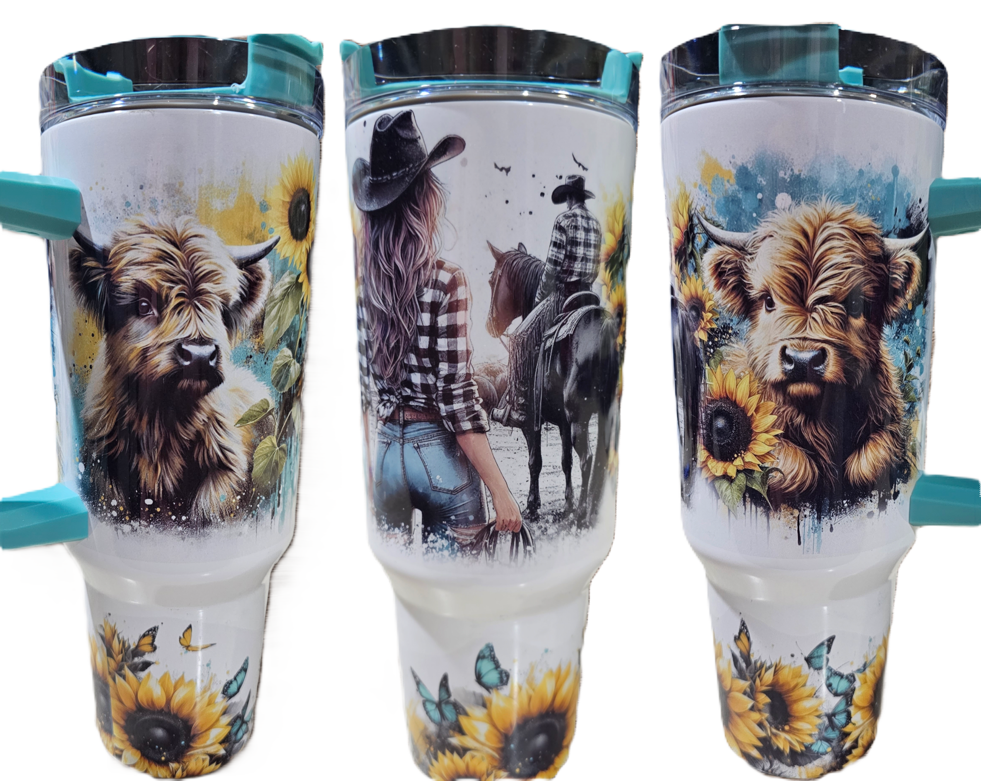 Sublimated Cowgirl & Cute Cow Print on White Coloured Tall Drinking Bottle