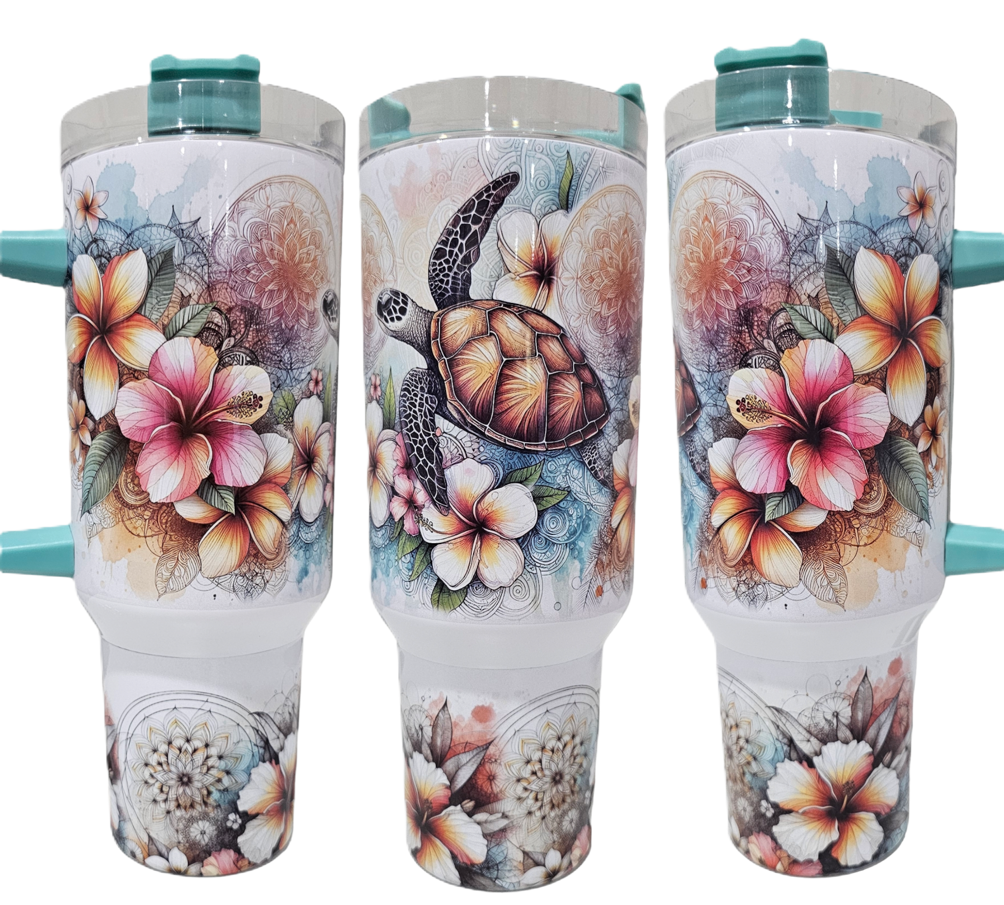 Sublimated Turtle & Hibiscus Print on White Coloured Tall Drinking Bottle